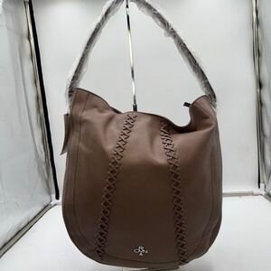 OR YANY Taupe Leather Hobo Shoulder Bag Braided Detail Top Zip Exterior Pocket